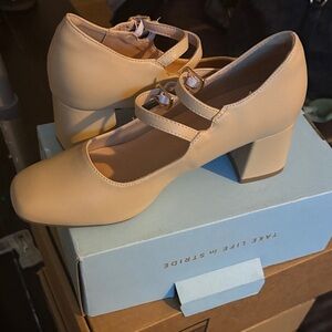IDIFU Beige Block Heel Mary Janes